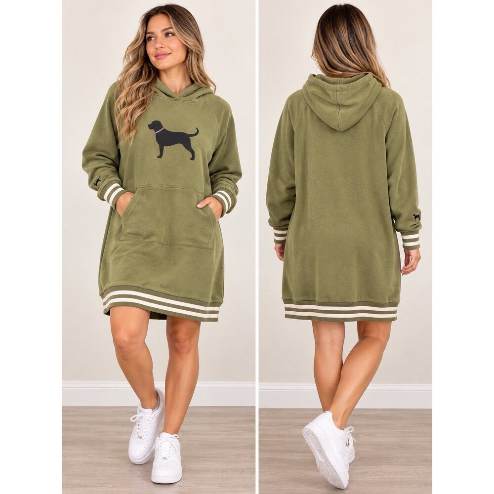 The Black Dog Hoodie Dress Women S/M Olive Green Oversized Sweatshirt Tunic